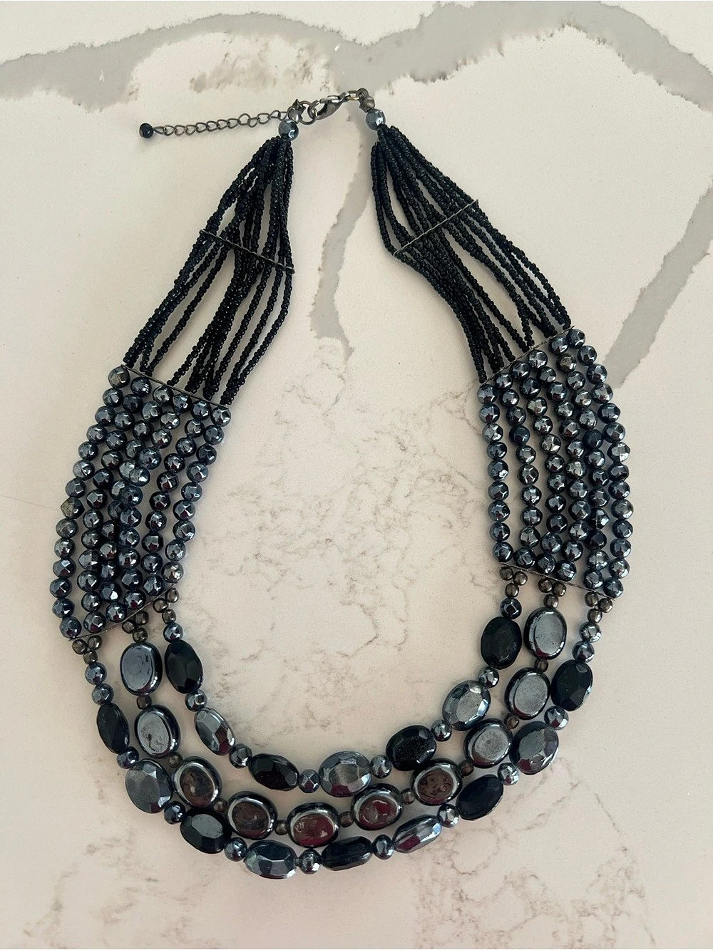 Multi-Strand Beaded Statement Necklace in Black & Gray